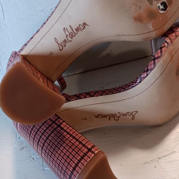 SAM EDELMAN Women's 7 Strappy YARO 4" Heels Strap Pink PLAID - Picture 8 of 8